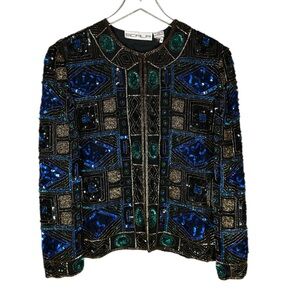 SCALA Women's Small Beaded Sequins Embellished Crewneck Ladies Jacket